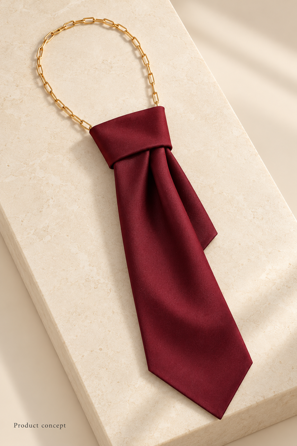 AI product concept: a deep burgundy scarf knotted as a long tie on a gold-tone elongated-link chain, resting on a pale stone block, labelled Product concept.