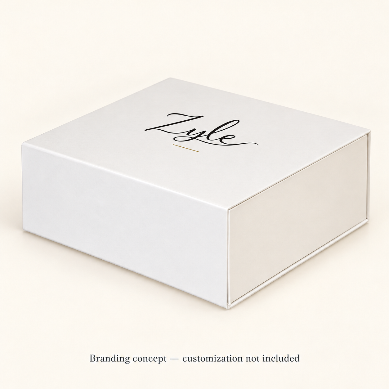 AI-generated branding concept: a plain ivory box with the ZYLE wordmark and a thin gold line on the lid, on a pale ivory ground, captioned Branding concept, customization not included.