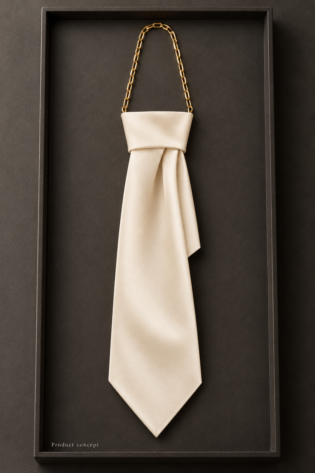AI product concept: an ivory scarf knotted as a long tie on a gold-tone elongated-link chain, framed against a dark background, labelled Product concept.