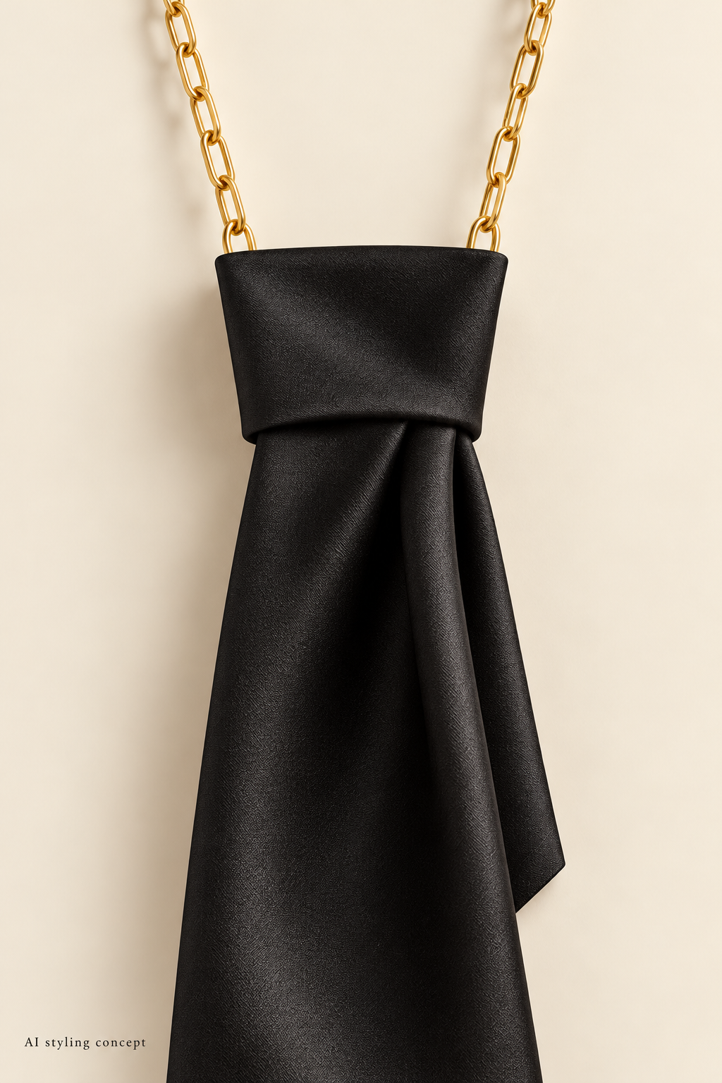 AI product concept, close-up: the knot of a black necklace tie where it meets a gold-tone elongated-link chain, on a pale ivory ground, labelled AI styling concept.